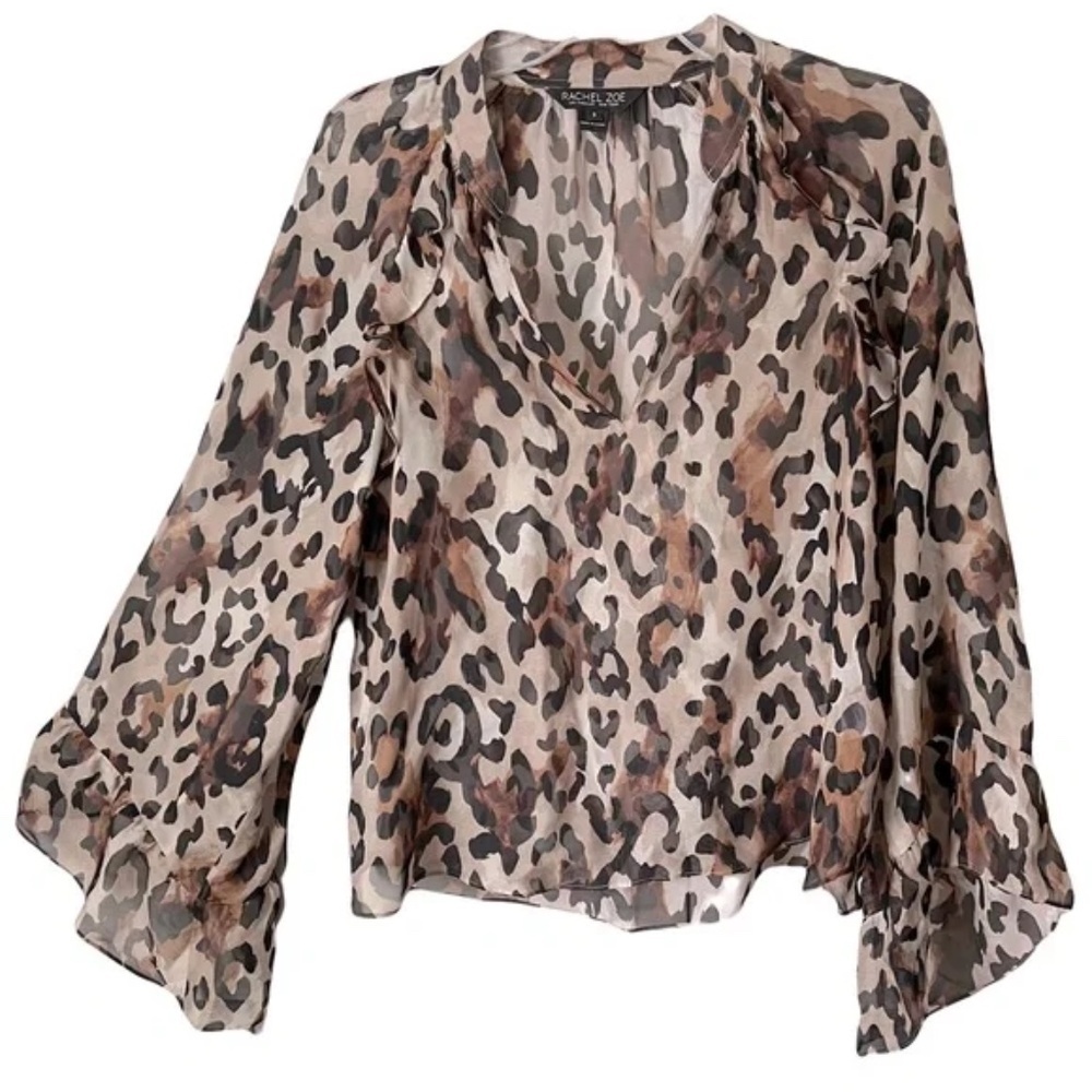 Rachel Zoe | Modesto Animal Print Silk Blend V-Neck Popover Blouse, Small